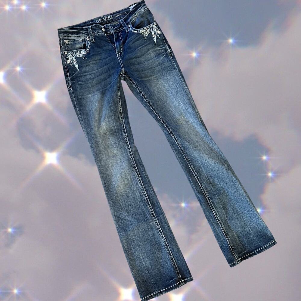 Y2K Grace in LA Low Rise Flare Jeans Embroidered Sequin Western Grunge 27